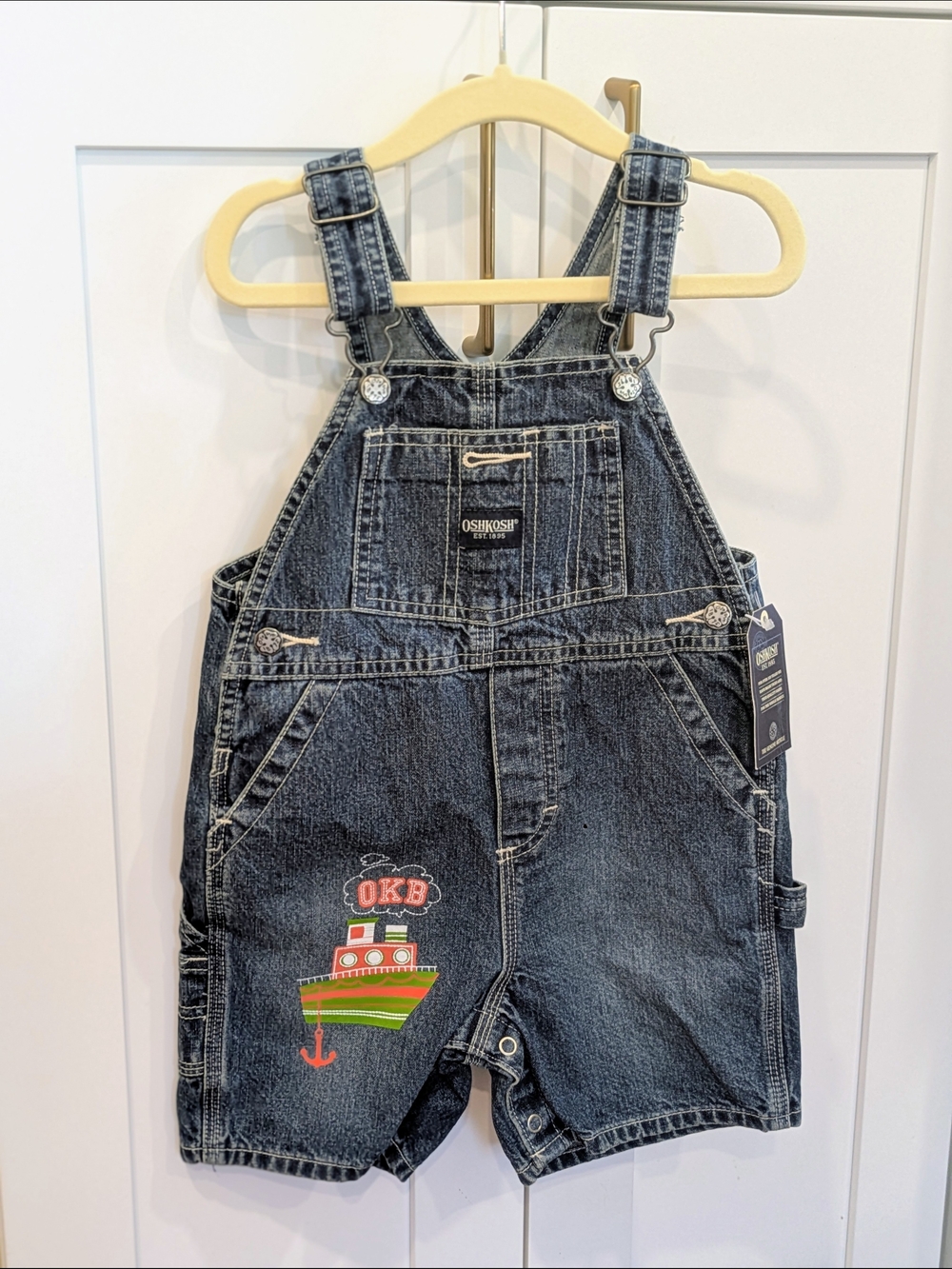 Vintage OshKosh B'gosh Dark Blue Denim Short Overalls with Colorful Boat